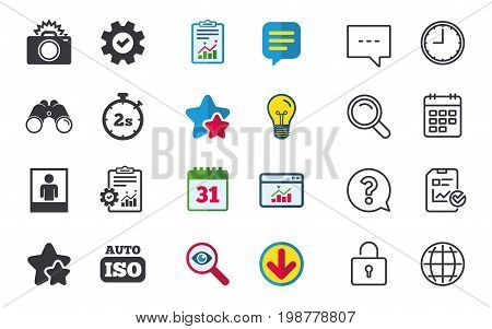 Photo camera icon. Flash light and Auto ISO symbols. Stopwatch timer 2 seconds sign. Human portrait photo frame. Chat, Report and Calendar signs. Stars, Statistics and Download icons. Vector