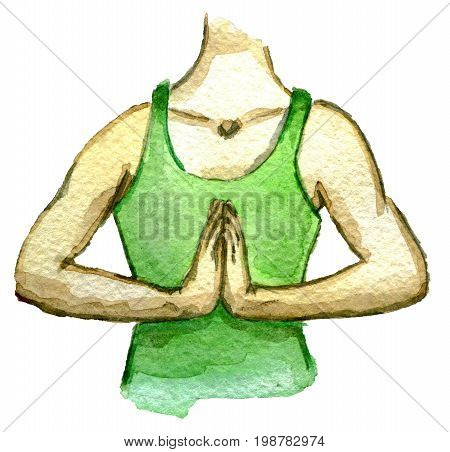 watercolor sketch of woman in the prayer position isolated on white background
