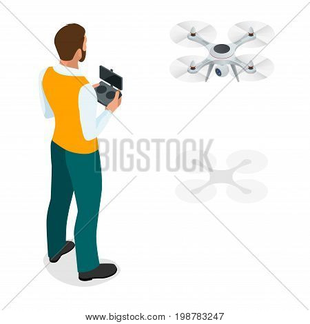 Isometric man with drone quadrocopter, Remote aerial drone with a camera taking photography or video recording. game sevremennaya, isometrics businessman. On a light background. Vector illustration