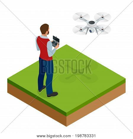 Isometric man with drone quadrocopter, Remote aerial drone with a camera taking photography or video recording. game sevremennaya, isometrics businessman. On a light background. Vector illustration