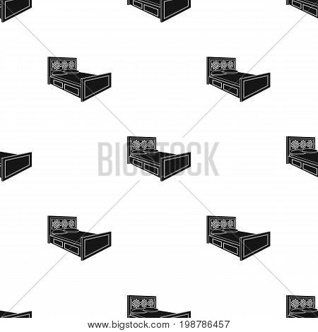 Double bed with red sheets.Bed with brown wooden headboard.Bed single icon in black style vector symbol stock web illustration.