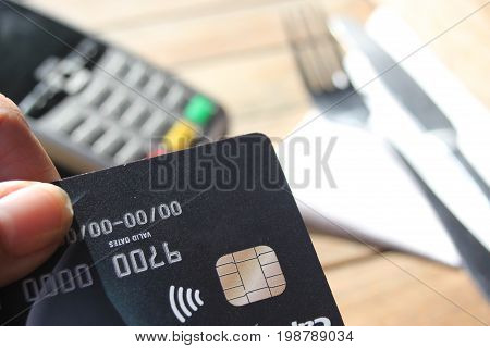 Contactless Payment Card Pdq Background Copy Space With Hand Holding Credit Card To Pay