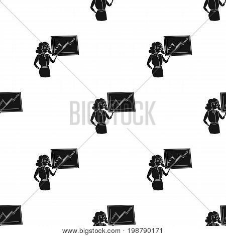 Businesswoman and growing graphic icon in black design isolated on white background. Conference and negetiations symbol stock vector illustration.