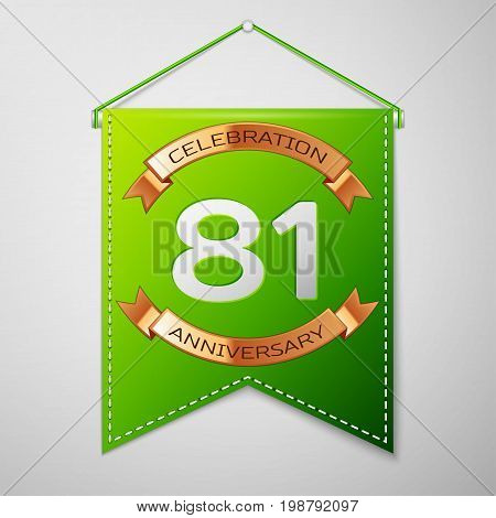 Realistic Green pennant with inscription Eighty one Years Anniversary Celebration Design on grey background. Golden ribbon. Colorful template elements for your birthday party. Vector illustration