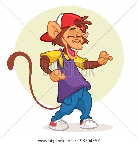 Cool pretty monkey dancing in modern clothes. Vector flat cartoon illustration. Chimpanzee mascot