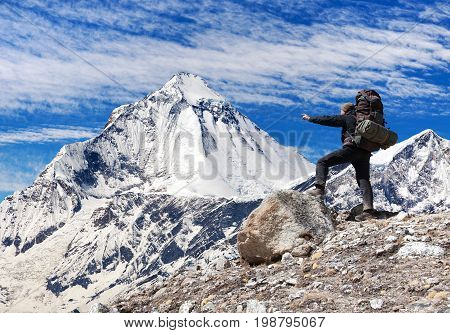 View of mount Dhaulagiri with tourist great himalayan trail Nepal
