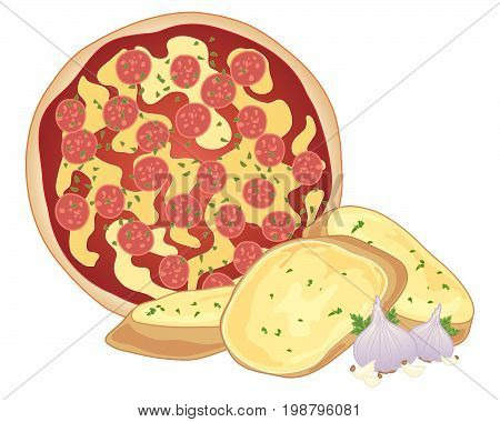 an illustration of a pepperoni pizza with crispy fresh garlic bread amd garlic bulbs on a white background