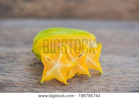 Star Fruits On Wooden Table. Thai Fruit : Star Fruit Is Popular In Asia, Sweet Taste Fruits. Star Fr