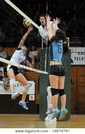 KAPOSVAR, Hongarije - 17 februari: Lévai (L) en P. Horvath (R) in actie op de Hongaarse NB I. League