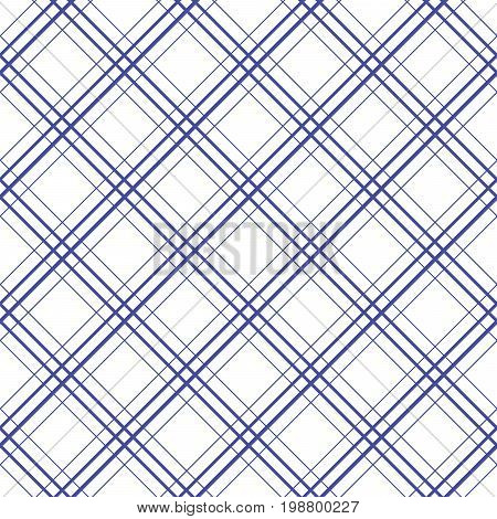 Geometric plaid diagonal line blue and white minimalistic vector pattern. Checkered background.