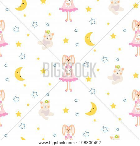Pajamas pattern with tilda bunny, bear plush toy seamless vector. Cute child style textile fabric cartoon ornament background for bed linen, clothes and kid stuff.