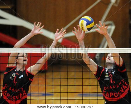 KAPOSVAR, Ungarn - 1. marts: Csoma (L) og Skoric (R) blokerer bolden på en ungarske nationale Champio