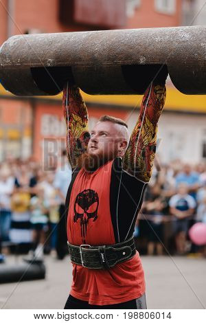 Osinniki, RUSSIA - July 28, 2017: Open festival on power extreme for Russian heroes bogatyrey.