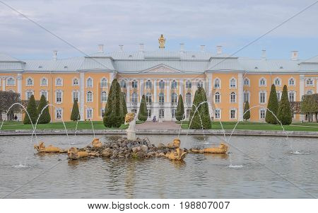 SAINT PETERSBURG RUSSIA - MAY 23 2017: Scenic view of the Grand Cascade The Peterhof Palace and Gardens complex is recognized as a UNESCO World Heritage Site