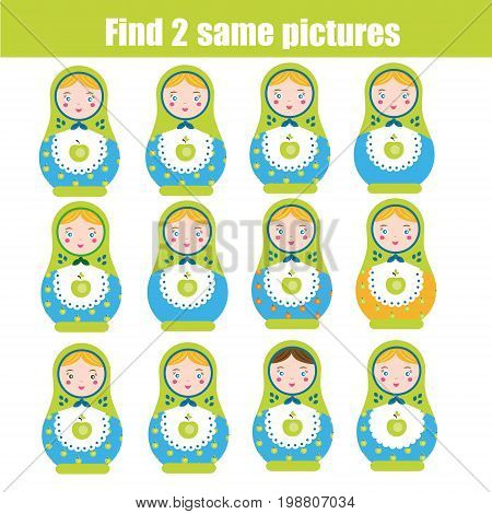 Find the same pictures children educational game. Find equal pairs of matreshka dolls