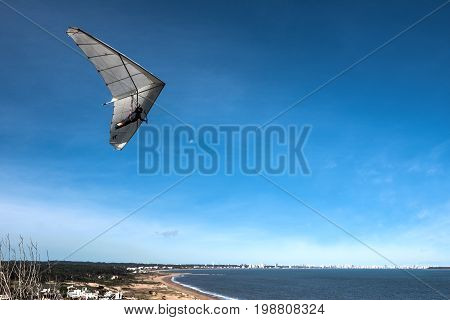Hang-glider Flies Over The Punta Ballena Cape, Punta Del Este, Uruguay