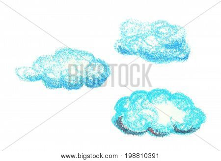 Blue clouds by oil pastels isolated on white background. Nursery style cloud clipart. Handdrawn clouds isolated. Sky atmosphere weather icons. Fluffy cloud logo. Children drawing style celestial object