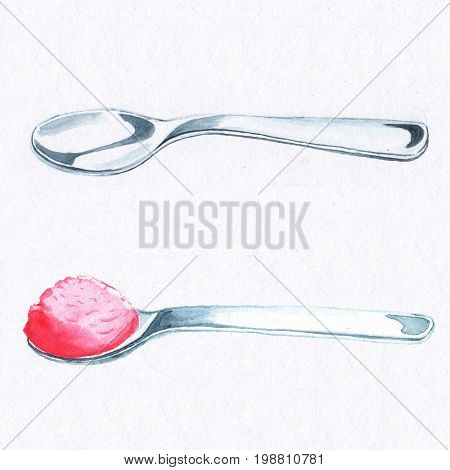 Empty spoon and spoon with pink ice-cream. Spoon watercolor painting on white background. Scoop of icecream. Pink strawberry ice cream spoon. Modern metallic scoop clipart. Kitchen ware illustration