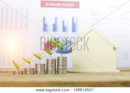 staced of money and tree growing up and home on graph paper background concept as save finance account selling and buying house