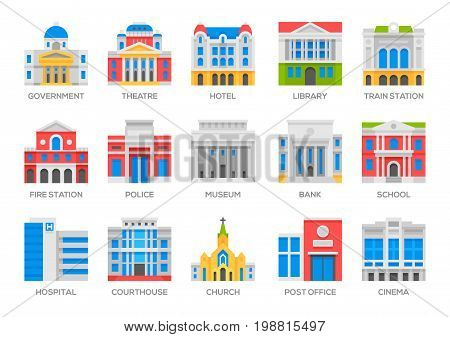 Municipal city building flat vector icons set.