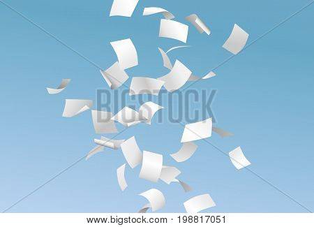 Vector pages or documents flying down in the wind with blue sky in the background