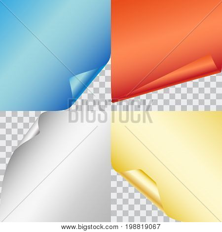 Set of four vector colorful shiny papers with curled corners isolated on transparent background