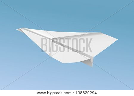 Vector realistic paper plane flying in blue sky illustration