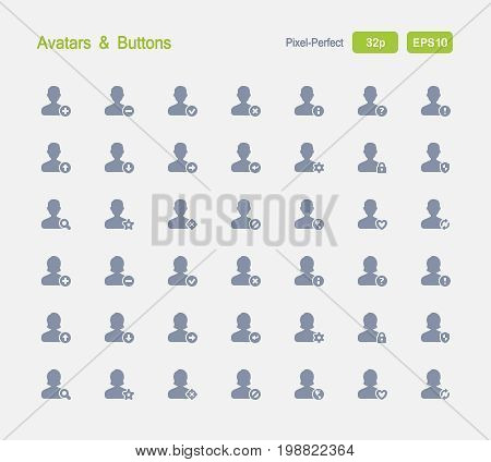 Avatars & Buttons - Granite Icons

A set of 28 professional, pixel-perfect vector icons designed on a 32x32 pixel grid and redesigned on a 16x16 pixel grid for very small sizes.