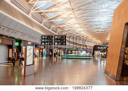 Zurich Switzerland - June 11 2017: Airport Zurich waiting area after check-in with Duty Free shops in front
