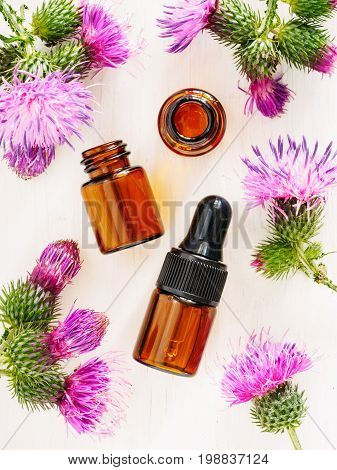 burdock oil in small glass bottle with pipette and burdock flowers on white wooden table. Top view or flat lay. Vertical.