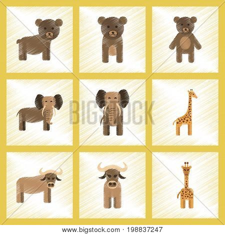 assembly flat shading style icons of giraffe bull bear elephant