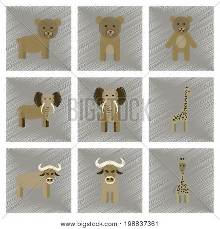assembly flat shading style icons of giraffe bull bear elephant