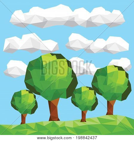 Polygon trees in forest. Green landscape with low poly clouds in background.