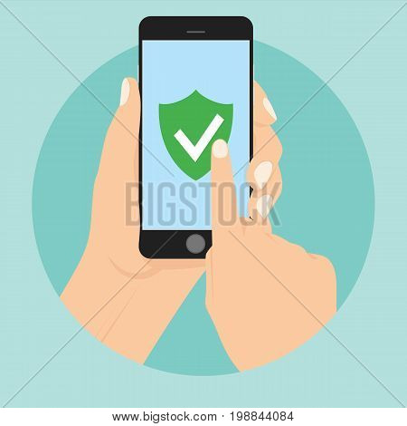 Green Shield on smartphone screen. Hand holds the smartphone and finger touches screen. Modern Flat design illustration. Mobile phone security shield protection data flat.