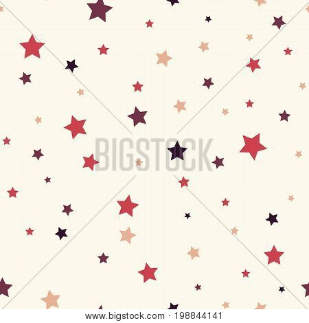 Seamless background with colorful stars. Seamless vector pattern with colored stars of various sizes on white background. Childish background for postcards, wallpaper. Seamless pattern with stars