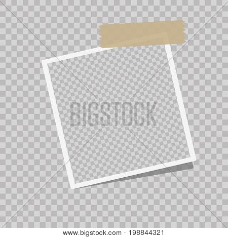 Photo frame on a isolated background. Realistic vector photo frame placed on transparent background. Realistic vector photo frame with straight edges on sticky tape placed vertically.