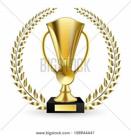 Vector illustration of gold shiny trophy and laurels. Beautiful golden trophy cup of different shape realistic isolated on white background vector illustration