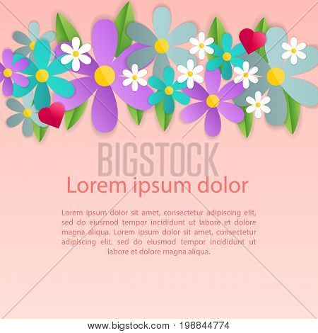 Romantic poster frame decoration with hearts, flowers and frame for Happy Valentines Day greeting card or Wedding invitation. Vector pink border template. Love, e-card, Origami Cut paper red heart