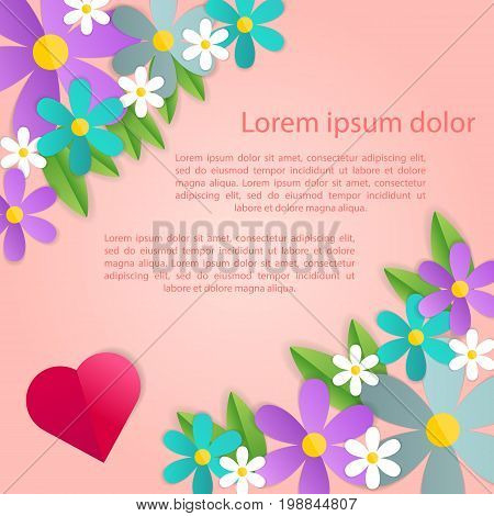 Romantic poster frame decoration with hearts, flowers and frame for Happy Valentines Day greeting card or Wedding invitation. Vector pink border template. Love, e-card, Origami Cut paper red heart