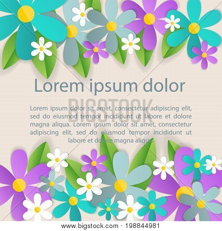 Romantic poster frame decoration with hearts, flowers and frame for Happy Valentines Day greeting card or Wedding invitation. Vector pink border template. Love, e-card, Origami Cut paper red heart