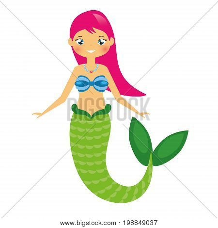 Cute Mermaid. Cartoon pink hair character. vector illustration. Fairy undine princess. Kids vector illustration,