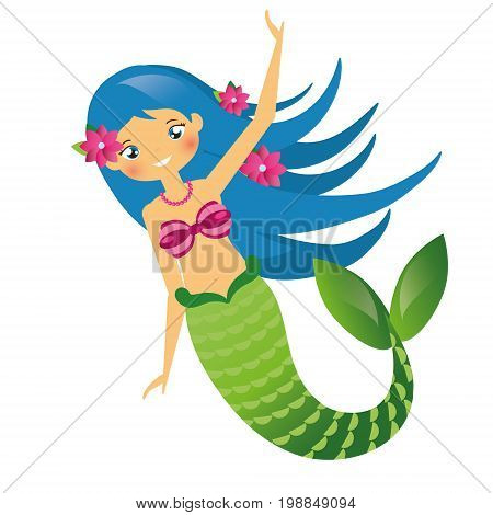 Cute Mermaid. Cartoon blue hair character. vector illustration. Fairy undine princess. Kids vector illustration,