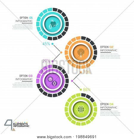Infographic design template with 4 numbered circular elements with percentage indication, thin line icons and text boxes. Project fulfillment concept. Vector illustration for report, presentation.