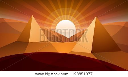 Desert landscape. Pyramid and sun. Vector eps 10