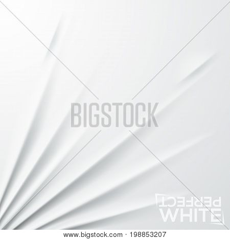 White fabric stretched to bottom left corner. Simple square background with ripple effect. Clean textile sheet with realistic texture. Vector illustration for backdrop, wallpaper, banner, flyer.