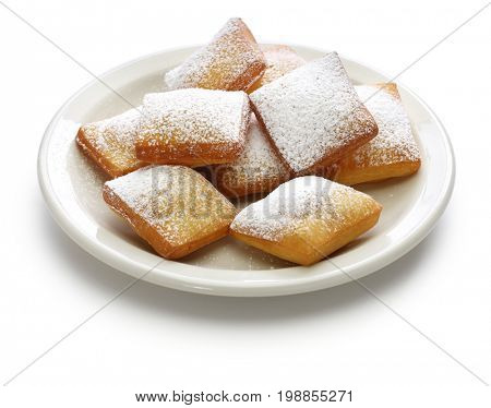 homemade new orleans beignet donuts isolated on white background
