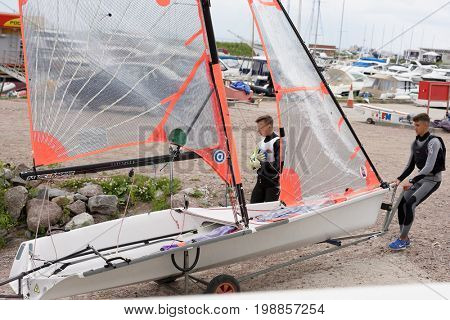 ST. PETERSBURG, RUSSIA - JULY 5, 2017: Training in sailing on 29er dinghy in the Gulf of Finland near the yacht club of St. Petersburg. Yacht club organizes sailing classes and holds sports regattas