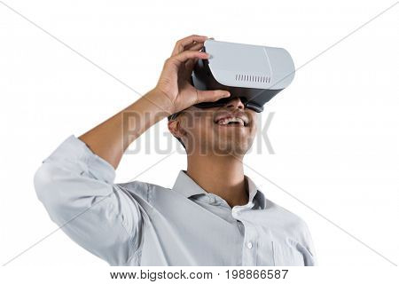 Man using virtual reality headset against white background