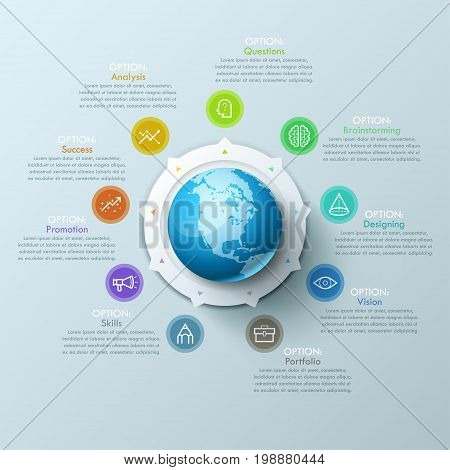 Beautiful infographic design layout with sphere in center, 9 arrows pointing at line symbols and text boxes. Nine qualities of international design company concept. Vector illustration for website.