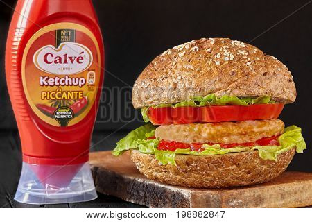 ROME ITALY - AUGUST 7 2017: Ketchup Calve used as condiment for a traditional hamburger recipe. The Calve brand was born in 1898 by the entrepreneur Mr. Van Marken.